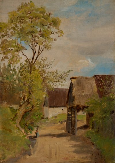 Village Street in Aresing (?) with Female Figure by Franz von Lenbach
