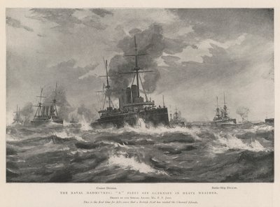 The Naval Manoeuvres, X Fleet off Guernsey in Heavy Weather by Fred T. Jane