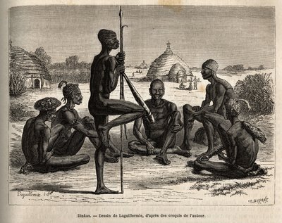 Dinkas from the village of Koudj (Senegal), whose body covered with ashes, to protect them from insects and parasites is also a cosmetic and social feature, engraved after Laguillermie