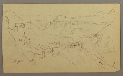El Yemen Valley, Arabia: View of Winding Valley with a Caravan, February 20, 1868 by Frederic Edwin Church