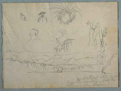 River Bank with Mountains and Clouds, Three Botanical Sketches and Busts Studies of Men with Hats by Frederic Edwin Church