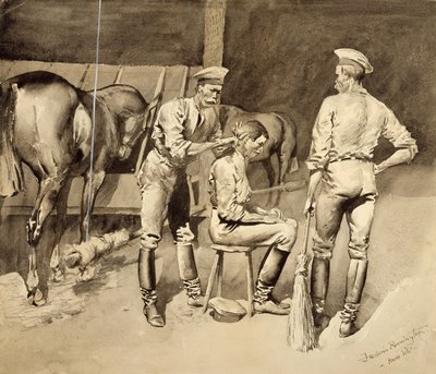 A Haircut in a Cavalry Stable, c.1893 by Frederic Remington