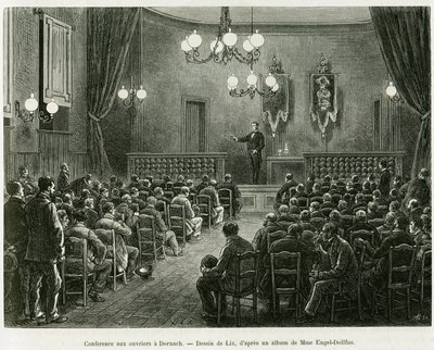 Conference to the workers of the Dollfus Mieg workshops, in Dornach. Engraving by Lix to illustrate the story 