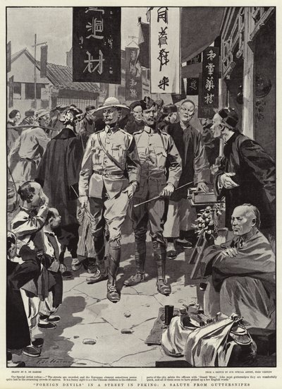 Foreign Devils in a Street in Peking, a Salute from Guttersnipes by Frederic de Haenen