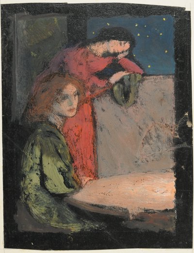 Two Girls by a Table Look Out on a Starry Night by Frederick Cayley Robinson