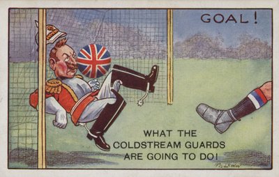 Coldstream guard kicking a goal against the Kaiser by Frederick George Lewin