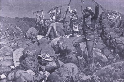 The feigned surrender which drew the Liverpools into a desperate position (illustration from After Pretoria: The Guerilla War, 1902) by Frederick Judd Waugh