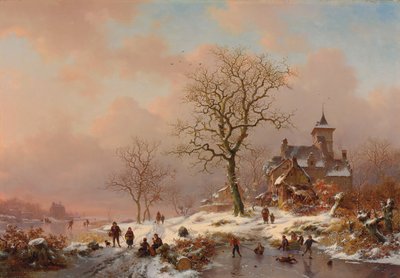 Winter Landscape with Figures Playing on the Ice by Frederick Marianus Kruseman