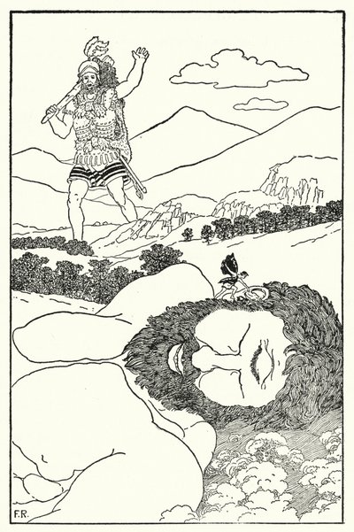 The Pygmy shouted into Antaeus ear that another giant was coming by Frederick Richardson