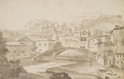 Vienne, near Lyon. Pont Saint-Martin over the Gère River. Left: Prieuré de Saint-Martin, Right: Porte de la Rochette and Pipet Castle by Frederik de Moucheron