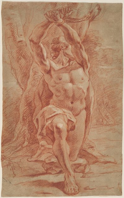 Kneeling Man Bound to a Tree by French 17th Century