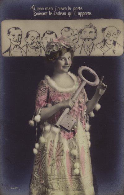 A Young Woman Holding a Large Key and Pointing to Several Men from Whom She Will Choose a Husband by French Photographer