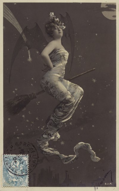 A Young Woman Sitting on a Broomstick and Flying Over Rooftops by French Photographer