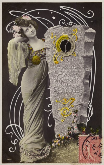 A Young Woman Stands Next to a Stone Bearing a Clock by French Photographer