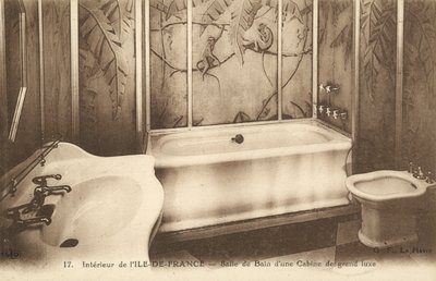 Bathroom of a luxury cabin on board the French ocean liner Ile de France by French Photographer