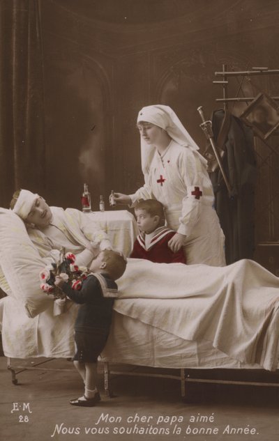 Children wishing a Happy New Year to their injured father, WW1 by French Photographer