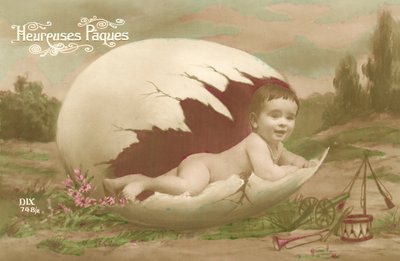 Easter Card, Showing Baby Emerging from Large Egg by French Photographer