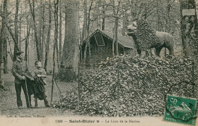 Father and son looking at lion sculpture in Saint Dizier. Published by the Library of A Gauthier by French Photographer