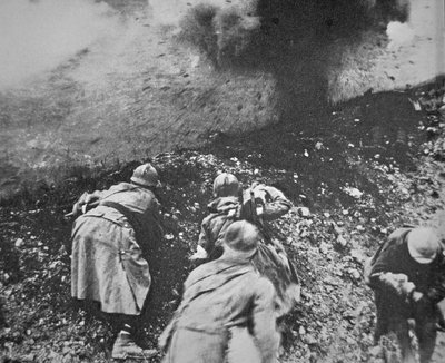 French infantry under fire from German artillery during the Battle of Verdun by French Photographer