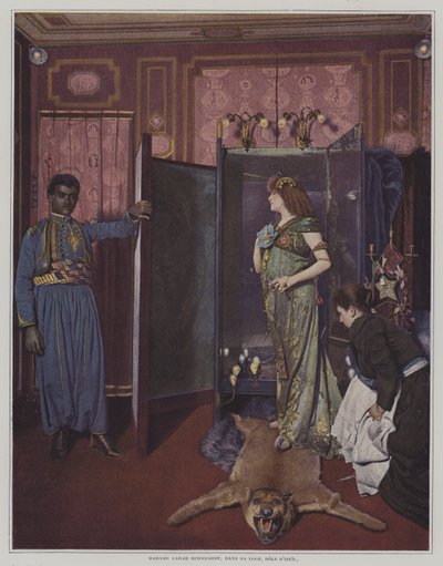 French stage actress Sarah Bernhardt in her dressing room in her costume for the title role in Morand and Sylvestre