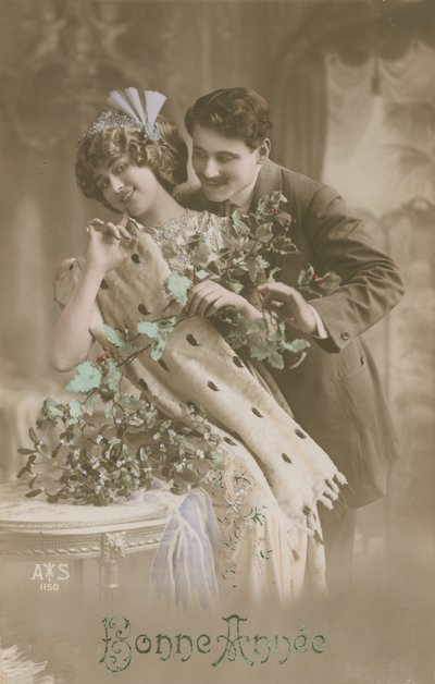 Happy New Year Greetings Card with Romantic Couple Holding Mistletoe by French Photographer