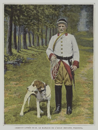 Hound and huntsman in the livery of the hunt of the Marquis de l