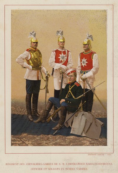 The Russian Army: Regiment of the Knights-Guards of Her Majesty Empress Maria Feodorovna, Officer and Soldiers in Various Uniforms by French Photographer
