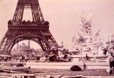 Men building the Fountain St. Vidal near the Eiffel Tower, c.1888 by French Photographer