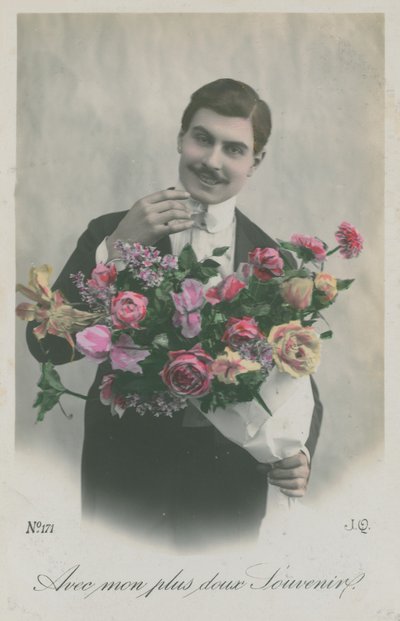 Man holding a bouquet of flowers (hand-coloured photo) by French Photographer