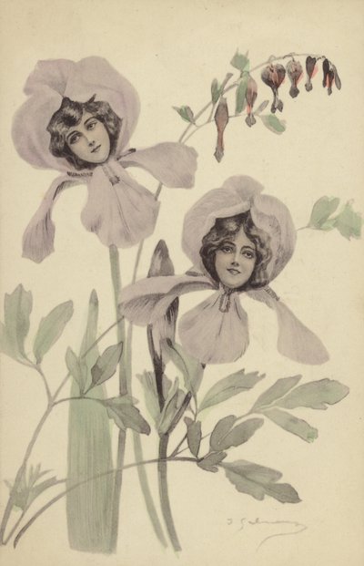 Two Iris Flowers Each Containing the Face of a Young Woman by French Photographer