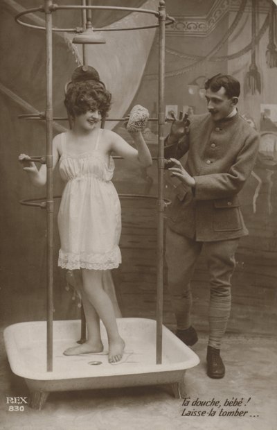 Woman in a shower with a soldier by French Photographer