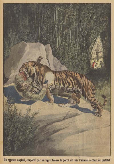 A British officer, carried off by a tiger, finds the strength to kill the animal with his pistol by French School