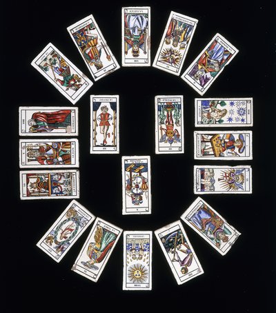 French stoneware tile panel, decorated with a deck of Marseilles Tarot cards by French School