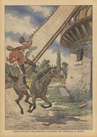 A German cavalry lieutenant killed after he was lifted off his horse by the sail of a windmill by French School