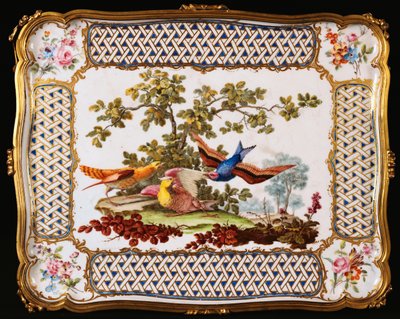 A Louis XV Sevres tray decorated with three exotic birds in a landscape, forming the top of a table a cafe by French School