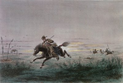 A Postman of the American Pony Express being attacked by Native Americans by French School