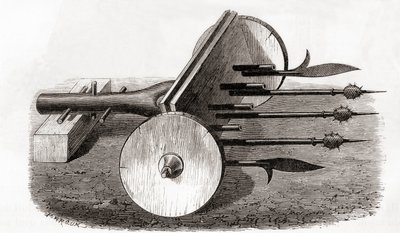 A Ribauldequin, Infernal Machine or Organ Gun, Armed with Small Cannon and Pikes, from Les Merveilles de la Science, Published c.1870 by French School