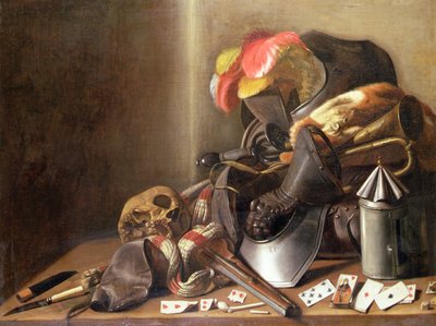 A Vanitas Still Life with a Skull, Playing Cards and Armour by French School