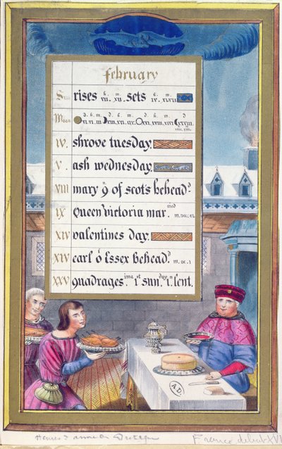 Victorian calendar sheet for February with an illustration from the Book of Hours of Anne de Bretagne by French School