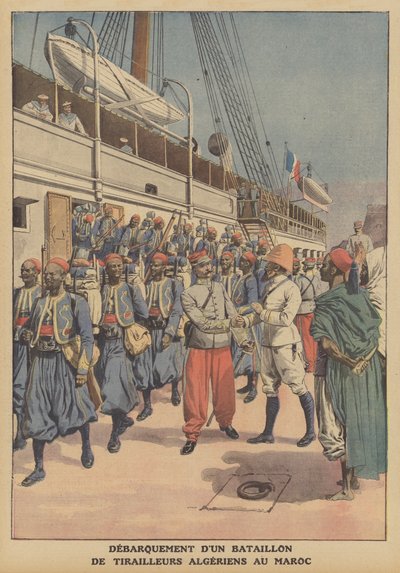 A battalion of Algerian tirailleurs disembarking from a ship in Casablanca, Morocco by French School