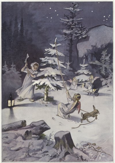 A Cherub Wields an Axe as They Chop Down a Christmas Tree by French School