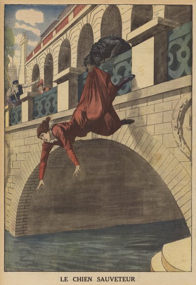 A dog saving a woman from falling from a bridge (colour lithograph) by French School