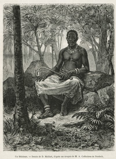 A Feticheur, Sorcerer Able to Use the Magic Force of Fetiches, Drawing by D. Maillart, to Illustrate the Story of a Trip to Gabon and the Ogoue River, in 1875-1877, by Alfred Marche. Engraving in Le Tour du Monde by French School