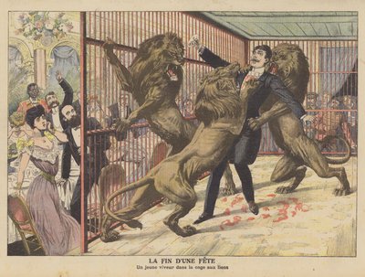 A foolish young man attacked by lions after entering their cage by French School
