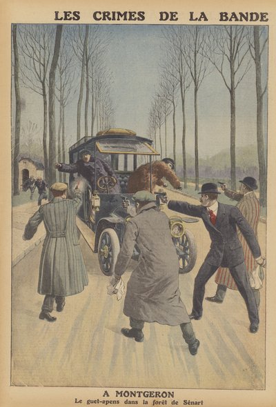 A gang of armed robbers stealing a car at Montgeron, France by French School