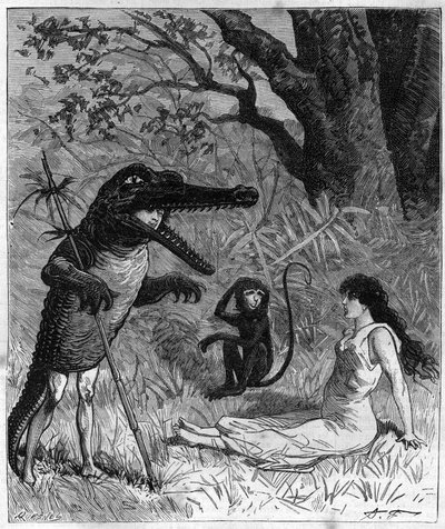 A man in a crocodile skin talks with a young woman who is fainted under the gaze of a monkey. Illustration of 