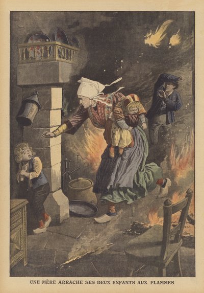 A mother saving her children from a fire by French School