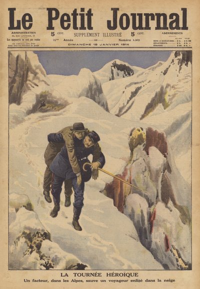 A postman saving a traveller lost in the snow in the Alps by French School