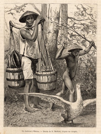 A resident of Hatien (Vietnam) carrying buckets and basket and a child hunting a goose with a stick (engraving after a drawing by Robin illustrating the voyage to Cochinchine by Doctor Morice, 1872, published in 