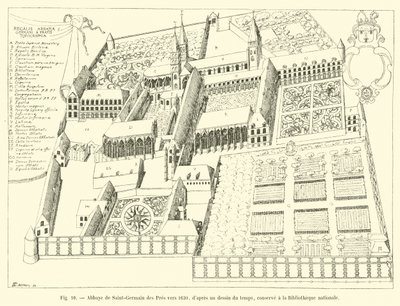 Abbey of Saint-Germain des Pres around 1630, after a drawing of the time, kept at the National Library by French School